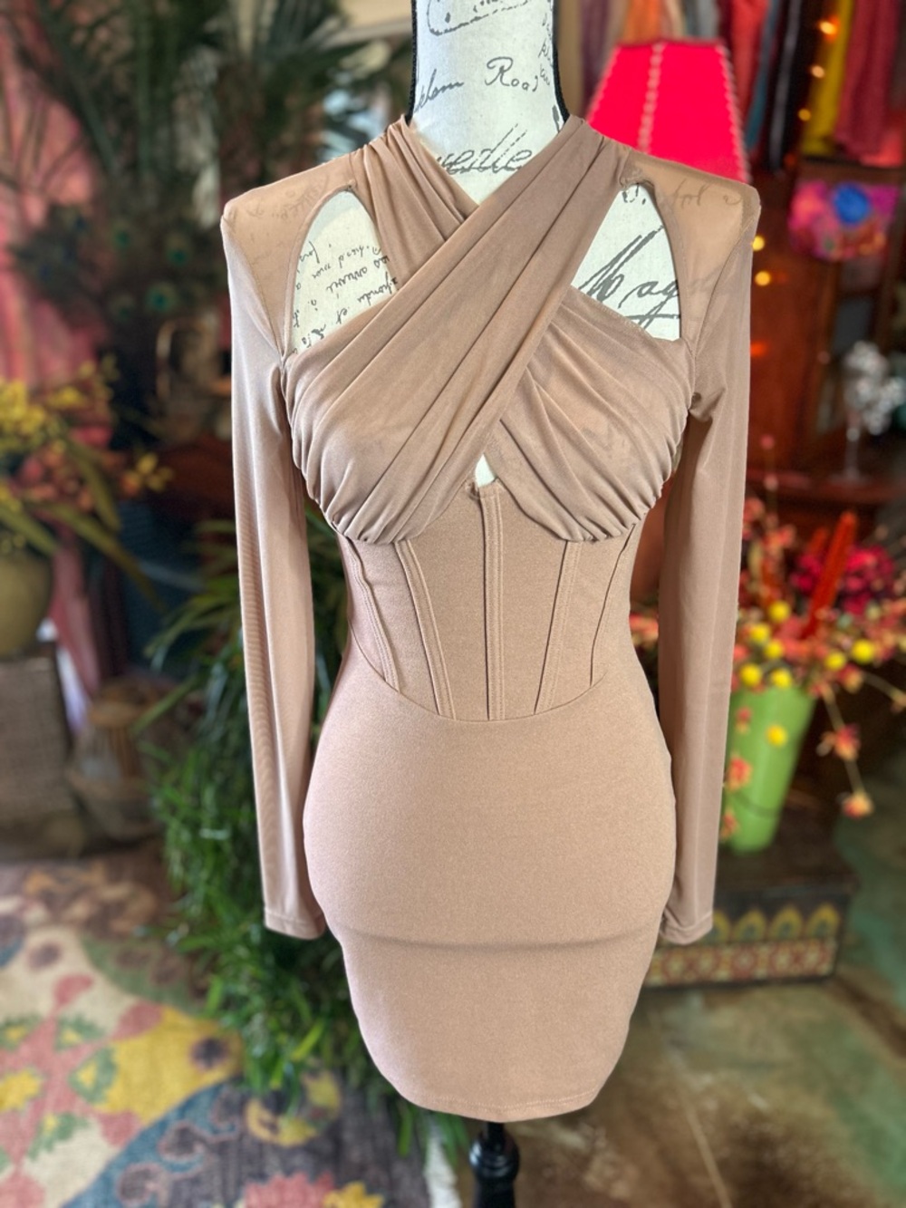 Privy Nude Mesh Ruched Sheer Panel Bodycon Mini Dress Long Sleeve Size S